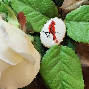 Vintage Porcelain Cameo Style Red Cardinal Bird Brooch With Gold Toned Trim